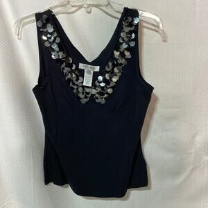 Nine west S black v neck strt h cotton top sequined nexkline euc like new